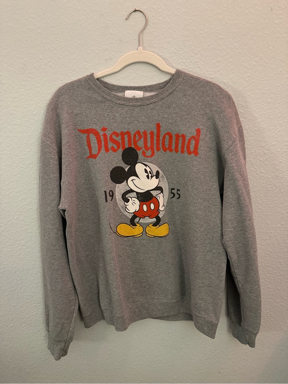 Disney Gray Crewneck Sweatshirt with Red Disneyland Script and Vintage Mickey